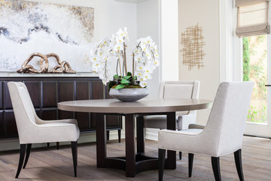Inspiration for a mid-sized coastal medium tone wood floor great room remodel in Orange County with beige walls
