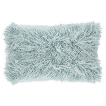 Mongolian Faux Fur Poly Filled Throw Pillow, Ice Blue, 12"x20"