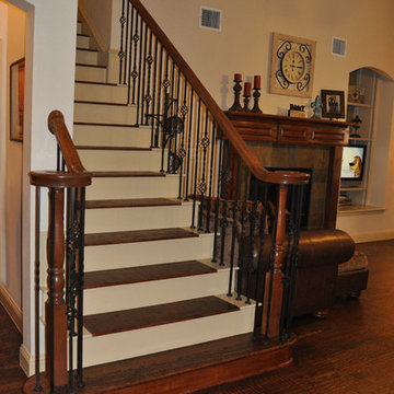 Handscraped Hardwood Floor, Slate Fireplace, Wood Stairway
