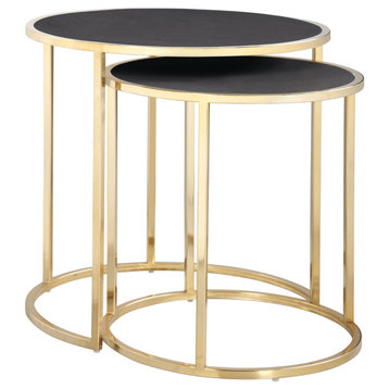 Set of 2 Nesting Side Table, Golden Metal Base With Round PU Leather Top, Black
