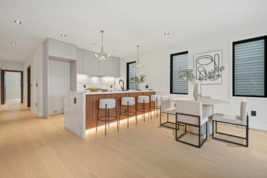 Example of a mid-sized trendy galley light wood floor and beige floor eat-in kitchen design in New York with flat-panel cabinets, white cabinets, quartzite countertops and an island