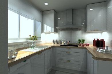 Photo of a small transitional u-shaped separate kitchen in Other with a single-bowl sink, recessed-panel cabinets, white cabinets, wood benchtops, white splashback, subway tile splashback, white appliances and no island.
