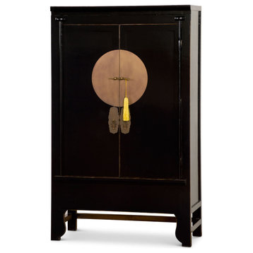 Distressed Black Elmwood Chinese Ming Wedding Armoire with Yellow Tassel