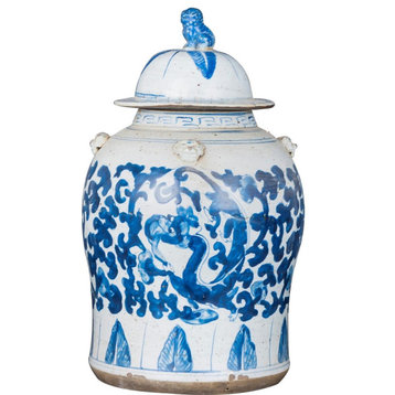 Temple Jar Vase Vintage Lotus Dragon Small White Blue Ceramic