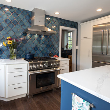 Transitional Kitchen | Oversized Quartz Countertops and Blue Moroccan Backsplash