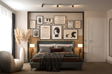 Ejemplo de dormitorio principal bohemio de tamaño medio con paredes beige, moqueta y suelo marrón