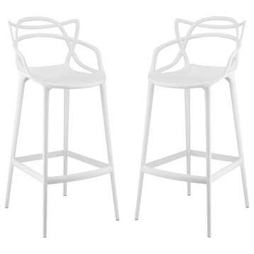 Modern Contemporary Urban Outdoor Bar Stool Chair, Set of 2, White, Plastic