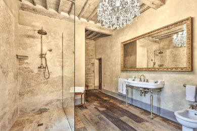 Imagen de cuarto de baño único y de pie grande con ducha a ras de suelo, sanitario de dos piezas, suelo de madera en tonos medios, aseo y ducha, lavabo tipo consola y vigas vistas