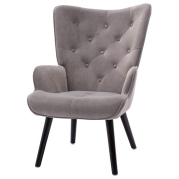 Tall Accent Chair, Velvet Upholstery With Button Tufted Wingback, Silver Grey