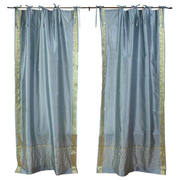 Lined-Gray  Tie Top  Sheer Sari Curtain / Drape / Panel   - 43W x 108L - Pair