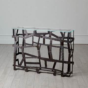 Metal Strips Open Modern Accent Console Table Hall Tempered Glass Top Abstract, Blackened Iron