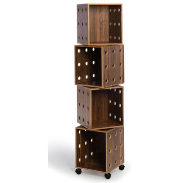 Modern Wood Narrow Media Bookcase, Offi Perf Boxes, Walnut