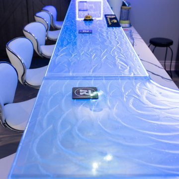 Glass private man bar and shelves with waterfall leg and led lights