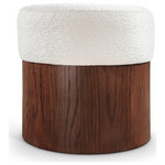 Meridian Furniture - Nimes Upholstered Ottoman, Cream, Velour Fur, Walnut Finish - Strikingly modern, the Nimes cream velour fur fabric upholstered ottoman combines plush comfort with sleek design. The top is wrapped in luxurious velour fur fabric, offering a soft and inviting texture, while the cylindrical rich brown walnut wooden base provides a minimalist contrast. This versatile ottoman is perfect as extra seating, a footrest, or a stylish accent in any living space.