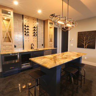 This is an example of a medium sized modern fully buried basement in Other with grey walls, a standard fireplace, a tiled fireplace surround and blue floors.
