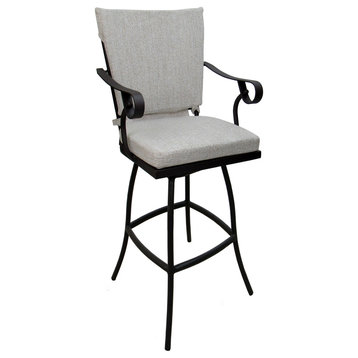 Outdoor Patio Swivel Bar Stool Jamey with Arms, White Linen - Black, 34"