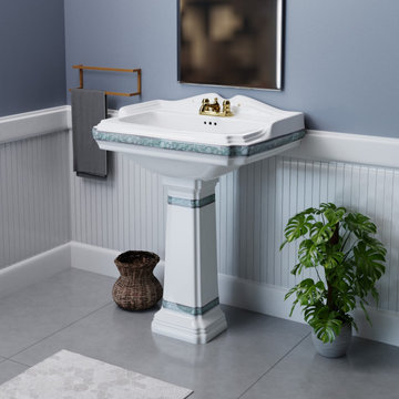 India Reserve White Pedestal Bathroom Sink 23" Green and Gold with Overflow