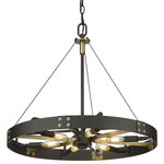 Golden Lighting - Vaughn Medium Pendant With Aged Brass Accents Shade - Industrial by nature, Vaughn fits well in contemporary homes. Inspired by the spokes of a vintage wagon wheel, this collection brings antiquity to the modern age. The Natural Black finish is slightly textured and adds drama to this focal series. Select a monochromatic version or elevate the look by selecting a fixture with contrasting aged brass accents. Pivoting sockets and steel cables act as additional features to the bold design.