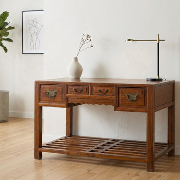 Vintage Brown Stain Patina Deep Rectangular Drawers Desk Table ws4967