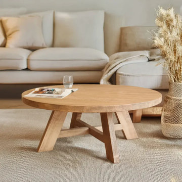 Amber Round Farmhouse Coffee Table in Solid Pine Wood | Rustic Round Coffee Tabl
