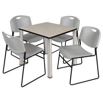 Kee 30" Square Breakroom Table, Maple/Chrome and 4 Zeng Stack Chairs, Gray