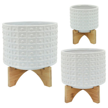Ceramic 6" Dotted Planter With Wood Stand, Ivory