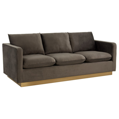LeisureMod Nervo Modern Velvet Sofa With Gold Base, Dark Gray