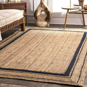 Farmhouse Area Rug, Natural Jute With Boundary Pattern, Navy Blue, 6' X 9'