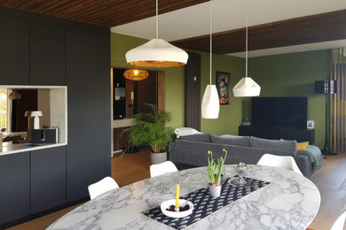 Источник вдохновения для домашнего уюта: большая гостиная-столовая в современном стиле с зелеными стенами, светлым паркетным полом, коричневым полом, деревянным потолком и деревянными стенами без камина