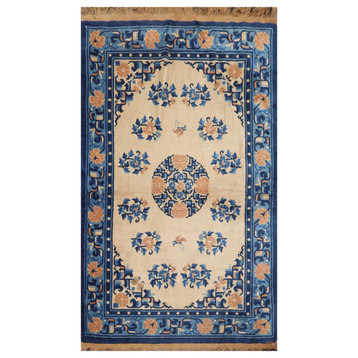 4'x6' Hand Knotted Wool Art Deco Oriental Area Rug Beige, Blue