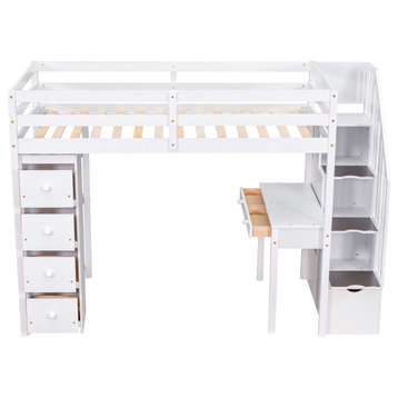 Gewnee Wood Twin  Loft Bed with Drawers and Desks in White