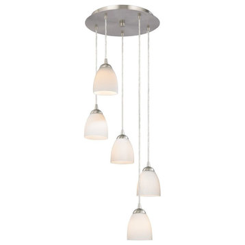 Adjustable Multi-Light Pendant with White Bell Glass and Five Lights
