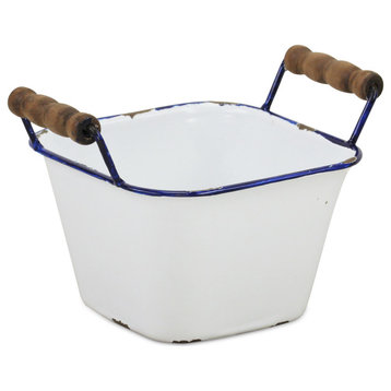 Lacquered Finish White Storage With Side Wood Handles, Blue Rim