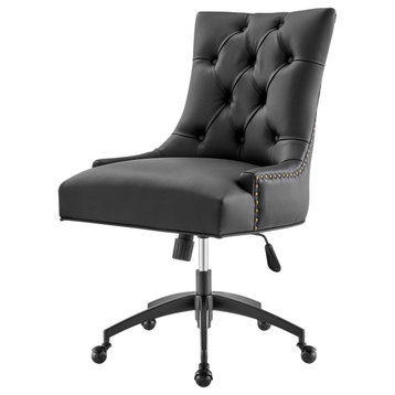 Computer Work Desk Tufted Chair, Faux Vegan Leather, Black, Home Business Office