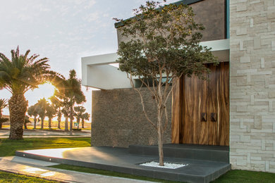 Diseño de puerta principal moderna grande con paredes grises, puerta doble y puerta de madera en tonos medios
