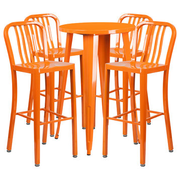 Flash Commercial 24" Round Orange Metal Bar Table Set & 4 Vertical Slat Stools