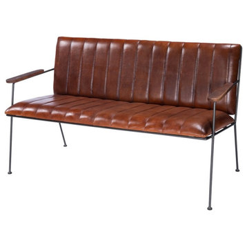 Beaumont Lane Rustic Industrial Leather and Metal Bench in Brown