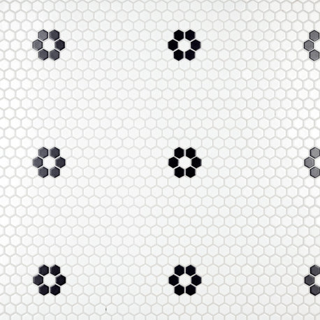 Metro Hex Matte Porcelain Mosaic Floor and Wall Tile, White W/Blk Flower