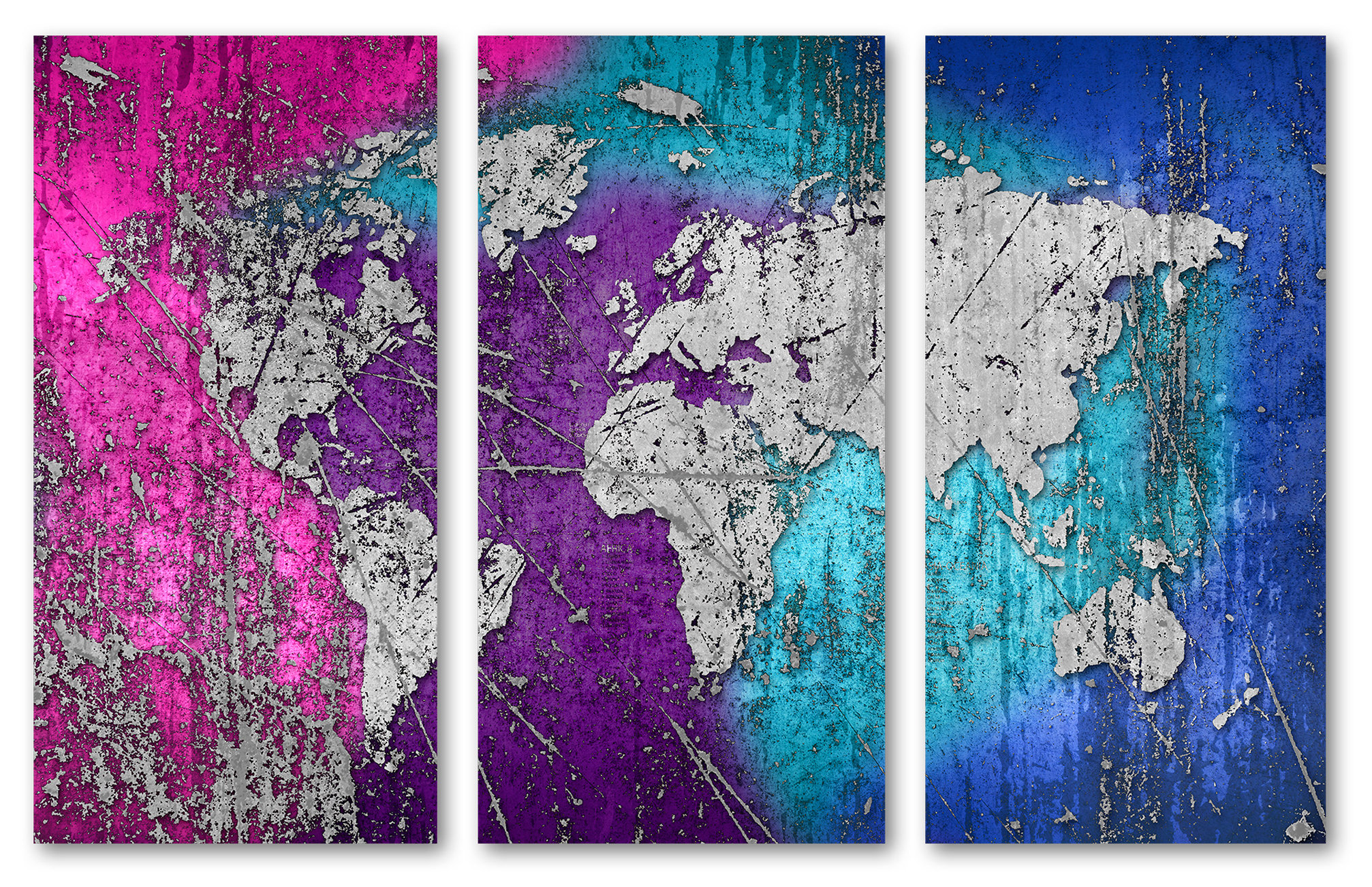 Abstract Silver World Map Canvas Print Wall Art 3 Panel Split, Triptych ...