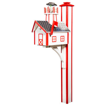 Deluxe Mailbox with Lighthouse and Post, White & Cardinal Red, Aluminum Diamond Plate Roof