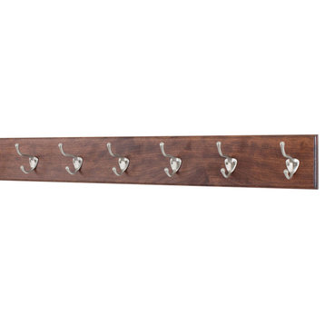 Solid Wood Wall Coat Rack, Satin Nickel Hooks, Mahogany, 30.5"x4.5", 6-Hooks