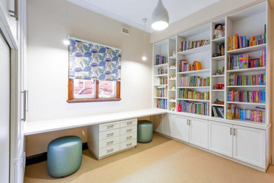 Modern study room in Perth with beige walls, carpet, no fireplace and a built-in desk.