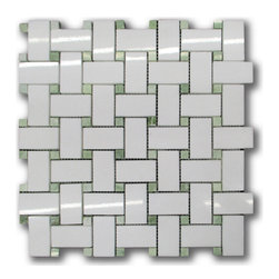 Stone Center Corp - Thassos White Marble 1x2 Basketweave Mosaic Tile / Green Dots Polished, 1 sheet - Wall And Floor Tile