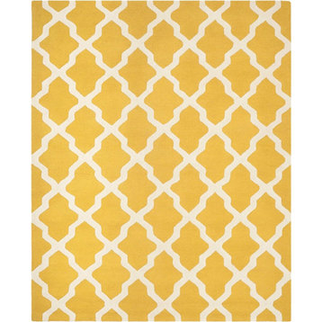 Contemporary Area Rug, Handmade Textured Trellis Patterned Wool, Gold/Ivory