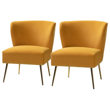 Upholstered Accent Chair With Nailhead Trim, Set of 2, Mustard