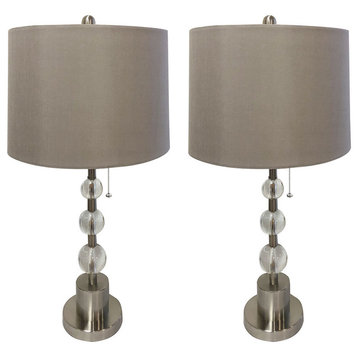 Set of 2 Brush Nickel Lamp with Crystal Ball Accents and Gray Shallow Drum Shade