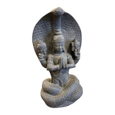 Consigned Yoga Guru Patanjali Statue Black Stone Sculpture With Serpent