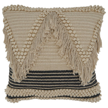 Poly Filled Woven Throw Pillow With Fringe Design, 18"x18", Natural