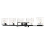 Z-LITE - Z-LITE 475-5V-MB-CH 5 Light Vanity, Matte Black + Chrome - Z-LITE 475-5V-MB-CH 5 Light Vanity,Matte Black + ChromeWith a sleek cosmopolitan attitude and a beautiful blend of glass and metal, this five-light vanity offers a sophisticated way to stylize a contemporary master or guest bath space. Matte Black and brilliant Chrome serve as stunning finishes for a tasteful fixture delivering a geometric silhouette serving as a focal point in a custom space. Bleeker Street�s stylish design complements a variety of decors with its sleek lines and bold glass shape. The accent back plate and the square base luminaire holder add to its beauty. Available in three combined finishes, Matte Black + Brushed Nickel, Matte Black + Chrome, or Matte Black + Olde Brass.Style: Transitional, Craftsman, Industrial, Restoration, ModernFrame Finish: Matte Black + ChromeCollection: Bleeker StreetShade Finish/Color: ClearFrame Material: SteelShade Material: GlassActual Weight(lbs): 15Dimension(in): 42.5(W) x 7.5(H) x 6.5(L)Bulb: (5)100W Medium Base(Not Included),DimmableVanity/Sconce Dual Mount (up and Down): YesUL Classification: CUL/cETLuUL Application: Damp