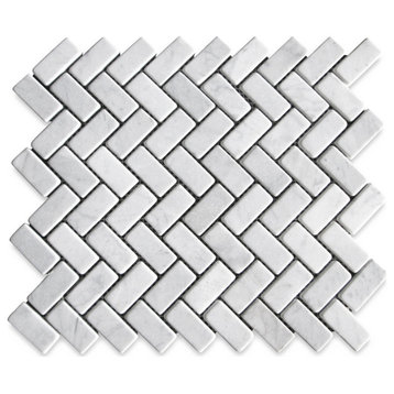 NonSlip Carrara Venato Marble Herringbone Mosaic Bath Tile 1x2 Tumbled, 1 sheet